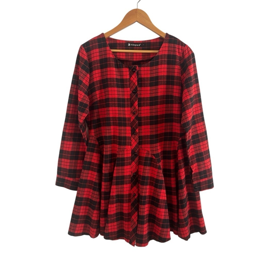 Allegra K Red Black Plaid Fit & Flare Mini Christmas Dress Size L Button Front